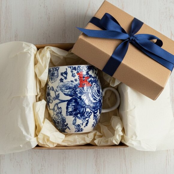 Anthropologie Homegrown Monogram Mug – Initial K – Blue Floral Toile Stoneware - Picture 2 of 10